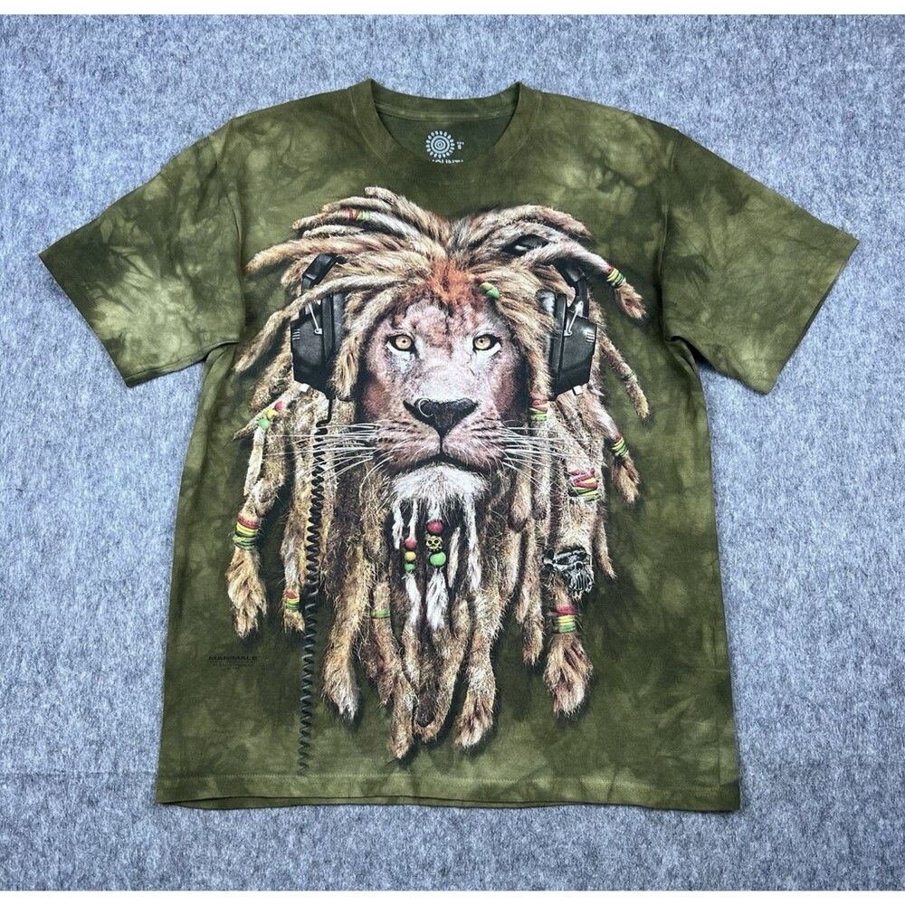 The Mountain Men's T-Shirt Green Tie Dye Lion Rasta Dreadlocks Graphic Size S